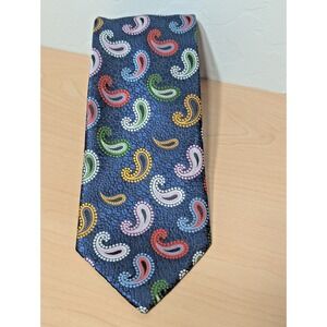 Q  Brand Italy Navy Blue Print Multi Colored Paisley Tie 4" X 60"